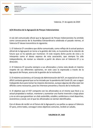 El Valencia responde a la Agrupació de Penyes "revisaremos nuestra relación"