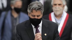 LIMA, PERU - NOVEMBER 16: New interim President of Peru Francisco Sagasti gestures after speaking outside National Congress on November 16, 2020 in Lima, Peru. After a remote session, congressman of Partido Morado Francisco Sagasti was appointed as interim president until presidential elections on April 2021. Amid political turmoil and civil unrest, Sagasti takes office after Mart&iacute;n Vizcarra was ousted under corruption allegations and Manuel Merino resigned. (Photo by Beto Baron/Getty Images)