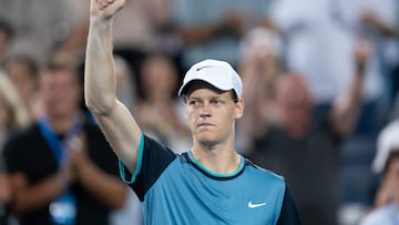 Aug 18 2024; Cincinnati, OH, USA; Jannik Sinner of Italy celebrates winning his match against Alexander Zverev of Germany on day seven of the Cincinnati Open. Mandatory Credit: Susan Mullane-USA TODAY Sports