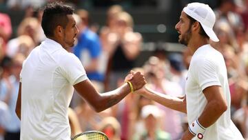 LONDON, ENGLAND - JULY 03:  Nick Kyrgios of Australia (L) celebrates victory during the Men&#039;s Singles third round match against Feliciano Lopez of Spain (R) on Middle Sunday of the Wimbledon Lawn Tennis Championships at the All England Lawn Tennis an