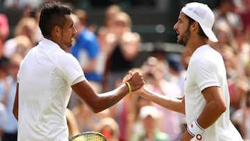 LONDON, ENGLAND - JULY 03: Nick Kyrgios of Australia (L) celebrates victory during the Men's Singles third round match against Feliciano Lopez of Spain (R) on Middle Sunday of the Wimbledon Lawn Tennis Championships at the All England Lawn Tennis an