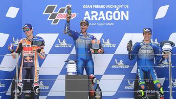 Rins, Álex Márquez y Mir en el podio de Aragón.