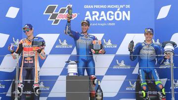 Rins, &Aacute;lex M&aacute;rquez y Mir en el podio de Arag&oacute;n.