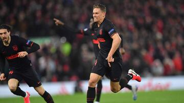 Marcos Llorente celebra un gol en el Liverpool-Atlético de Champions.