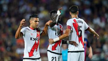 Radamel Falcao with Pathe Ciss and Alejandro Catena of Rayo Vallecano during the La Liga match between FC Barcelona and Rayo Vallecano played at Spotify Camp Nou Stadium on August 13, 2022 in Barcelona, Spain. (Photo by Sergio Ruiz / Pressinphoto / Icon Sport)