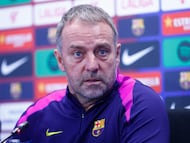 GRAFCAT7989. SANT JOAN DESPÍ (BARCELONA) (ESPAÑA), 06/02/2026.-El técnico alemán del FC Barcelona, Hansi Flick, durante la rueda de prensa que ha ofrecido tras el entrenamiento que ha realizado la plantilla barcelonista en la ciudad deportiva Joan Gamper para preparar el partido correspondiente a la jornada 23º jornada de LaLig06/02/2026.-El centrocampista del FC Barcelona, Fermín Lópeza que disputarán mañana en el Spotify Camp Nou ante el Mallorca.EFE/ Quique García