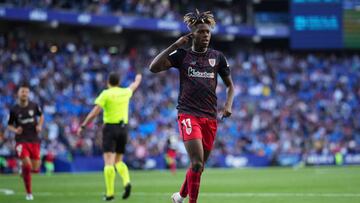BARCELONA, SPAIN - APRIL 08: Nico Williams of Athletic Club celebrates after scoring the team's second goal during the LaLiga Santander match between RCD Espanyol and Athletic Club at RCDE Stadium on April 08, 2023 in Barcelona, Spain. (Photo by Alex Caparros/Getty Images)