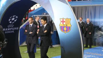 PARIS, FRANCE - FEBRUARY 14:  UEFA president Aleksander Ceferin and President Nasser Al-Khelaifi of Paris Saint-Germain attend during the UEFA Champions League Round of 16 first leg match between Paris Saint-Germain and FC Barcelona at Parc des Princes on