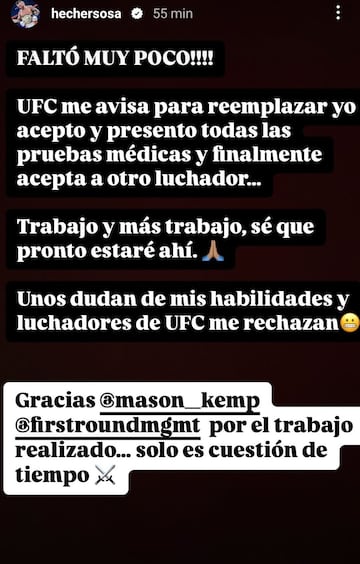 La historia de Instagram en la que Hecher Sosa comunica que no peleará en el UFC  304.