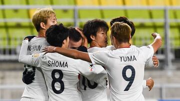 Kashima Antlers&#039; Shuto Yamamoto (C) celebrates his goal with teammates during the AFC Champions League semi-final football match between South Korea&#039;s Suwon Samsung Bluewings and Japan&#039;s Kashima Antlers in Suwon on October 24, 2018. (Photo 