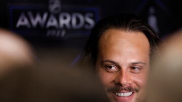 Jun 21, 2022; Tampa, Florida, USA; Toronto Maple Leafs center Auston Matthews speaks with the media after winning the Hart and Ted Lindsay Trophies during the 2022 NHL Awards at Amalie Arena. Mandatory Credit: Geoff Burke-USA TODAY Sports