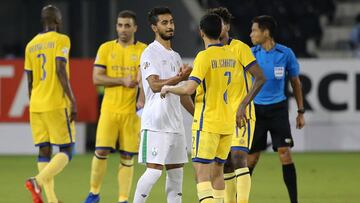 Nassr&#039;s players greet their opponents after during the AFC Champions League quarter-finals match between Saudi&#039;s Al-Nassr and Saudi&#039;s Al-Ahli on September 30, 2020, at the Jassim Bin Hamad Stadium in the Qatari capital Doha. - Nassr defeate