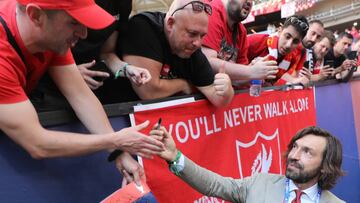 UEFA Champions League - Tottenham Hotspur vs Liverpool
 
 01 June 2019, Spain, Madrid: Former Italian footballer Andrea Pirlo signs autographs prior the UEFA&nbsp;Champions League final soccer match between Tottenham Hotspur and Liverpool at Wanda Metropo