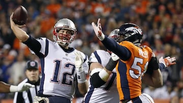 New England Patriots quarterback Tom Brady (12) throws as Denver Broncos outside linebacker Von Miller (58) defends during the first half of an NFL football game, Sunday, Nov. 12, 2017, in Denver. (AP Photo/Jack Dempsey)