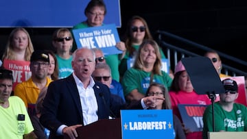 Democratic vice presidential nominee Minnesota Governor Tim Walz speaks during his visit to Milwaukee, Wisconsin, U.S. September 2, 2024. REUTERS/Joel Angel Juarez
