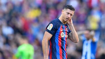 Barcelona's Polish forward Robert Lewandowski reacts during the Spanish League football match between FC Barcelona and RCD Espanyol at the Camp Nou stadium in Barcelona on December 31, 2022. (Photo by Pau BARRENA / AFP) (Photo by PAU BARRENA/AFP via Getty Images)