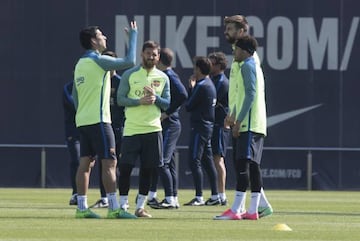 Luis Suárez, Messi, Piqué and Neymar in training today.