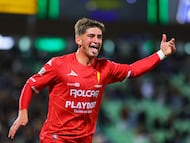 Tomás Baladoni festeja un gol con el Necaxa ante Santos.