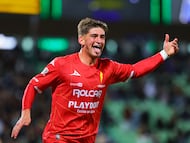 Tomás Baladoni festeja un gol con el Necaxa ante Santos.