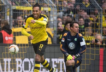 Aubameyang celebrates in Dortmund's thrashing of Wolfsburg.