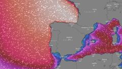 Un mapa muestra en rojo, blanco y morado el fuerte oleaje generado por la borrasca Bella en Espa&ntilde;a y Portugal antes de que acabe el 2020. 