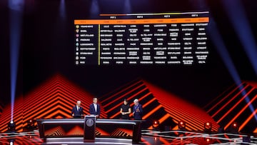 Monaco (Monaco), 29/08/2025.- The screen shows the fixtures of the teams in POT 3 of the UEFA Europa League during the UEFA Europa League and UEFA Conference League Group league phase draws at the Grimaldi Forum in Monaco, 29 August 2025. EFE/EPA/MOHAMMED BADRA