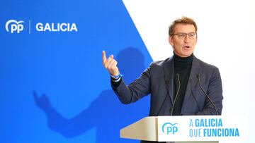 El presidente nacional del PP, Alberto Núñez Feijóo, interviene durante un mitin electoral del PPdeG, en el Hotel NH Collection Santiago de Compostela, a 15 de febrero de 2024, en Santiago de Compostela, A Coruña, Galicia (España). Este encuentro se enmarca en los últimos actos de campaña electoral del Partido Popular de cara a las elecciones autonómicas que se celebrarán en Galicia el próximo domingo 18 de febrero.
15 FEBRERO 2024;MITIN;ACTO;CAMPAÑA;ELECCIONES;AUTONÓMICAS;GALLEGAS;PPDEG;PP;PARTIDO POPULAR;18F
Álvaro Ballesteros / Europa Press
15/02/2024