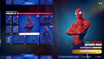 Spider-Man está en la página 9 del Pase de Batalla; debemos ir subiendo de nivel y obteniendo recompensas previas para poder desbloquearlo