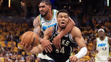 Obi Toppin #1 of the Indiana Pacers fouls Giannis Antetokounmpo #34 of the Milwaukee Bucks during the second quarter of Game 5 of the 2025 NBA Playoffs at Gainbridge Fieldhouse on April 29, 2025 in Indianapolis, Indiana.