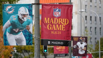 Nov 15, 2025; Madrid, Spain; Street banners featuring Miami Dolphins linebacker Chop Robinson (44) and Washington Commanders quarterback Jayden Daniels (5) at Bernabeu Stadium, the site of the 2025 NFL Madrid Game between the Commanders and the Dolphins. Mandatory Credit: Kirby Lee-Imagn Images