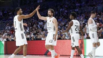Trey Lyles, Sergio Llull, Andrés Feliz y Mario Hezonja, en el duelo de ida ante el Olympiacos.