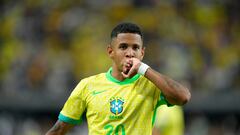 Jun 28, 2024; Las Vegas, NV, USA; Brazil forward Savio (20) reacts after scoring a goal against Paraguay during the first half at Allegiant Stadium. Mandatory Credit: Lucas Peltier-USA TODAY Sports