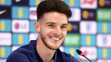 DOHA, QATAR - DECEMBER 01: Declan Rice of England reacts  during the England Press Conference at Al Wakrah Stadium on December 01, 2022 in Doha, Qatar. (Photo by Alex Pantling/Getty Images)