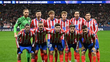 Atletico Madrid players pose for a team photo before the UEFA Champions League, league phase football match between Club Atletico de Madrid and Bayer Leverkusen at the Metropolitano stadium in Madrid on January 21, 2025. (Photo by JAVIER SORIANO / AFP)