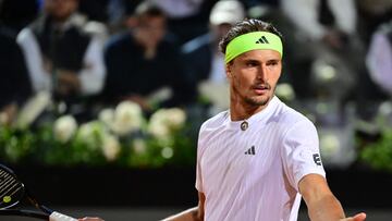 Germany's Alexander Zverev reacts during the men's singles quarter-final match against Italy's Lorenzo Musetti at the ATP Rome Open tennis tournament at Foro Italico in Rome on May 14, 2025. (Photo by PIERO CRUCIATTI / AFP)