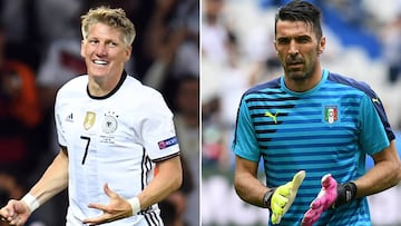 (COMBO) This combination of file pictures made on June 28, 2016 shows Germany&#039;s midfielder and captain Bastian Schweinsteiger (L) in Villeneuve-d&#039;Ascq near Lille on June 12, 2016, and Italy&#039;s goalkeeper and captain Gianluigi Buffon in Saint