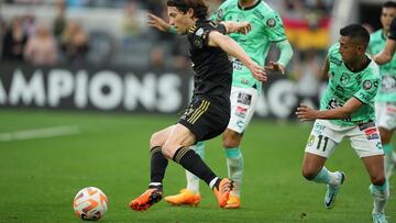 Jun 4, 2023; Los Angeles, CA, USA; LAFC midfielder Ilie Sanchez (6) and Leon midfielder Elias Hernandez (11) battle for the ball during the first half at BMO Stadium. Mandatory Credit: Kirby Lee-USA TODAY Sports