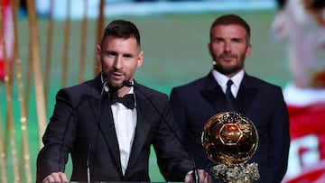 Soccer Football - 2023 Ballon d'Or - Chatelet Theatre, Paris, France - October 30, 2023 Inter Miami's Lionel Messi after being awarded the men's Ballon d'Or by co owner David Beckham REUTERS/Stephanie Lecocq