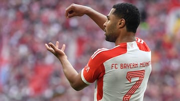 Bayern Munich's German midfielder Serge Gnabry celebrates scoring the opening goal during the German first division Bundesliga football match between FC Bayern Munich and RB Leipzig in Munich, southern Germany, on May 20, 2023. (Photo by Christof STACHE / AFP) / DFL REGULATIONS PROHIBIT ANY USE OF PHOTOGRAPHS AS IMAGE SEQUENCES AND/OR QUASI-VIDEO