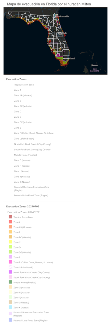 Mapa de evacuación por el huracán Milton en Florida.