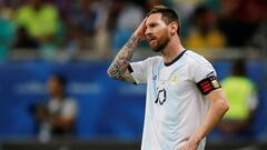 Soccer Football - Copa America Brazil 2019 - Group B - Argentina v Colombia - Arena Fonte Nova, Salvador, Brazil - June 15, 2019   Argentina&#039;s Lionel Messi reacts  REUTERS/Luisa Gonzalez