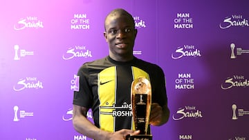 JEDDAH, SAUDI ARABIA - DECEMBER 12: N'Golo Kante of Al Ittihad receives the Man Of The Match award after the team's victory during the FIFA Club World Cup match between Al Ittihad FC and Auckland City FC at King Abdullah Sports City on December 12, 2023 in Jeddah, Saudi Arabia. (Photo by Tullio Puglia - FIFA/FIFA via Getty Images)