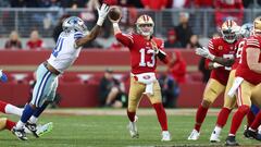 SANTA CLARA, CALIFORNIA - JANUARY 22: Brock Purdy #13 of the San Francisco 49ers throws a pass against the Dallas Cowboys during the first half in the NFC Divisional Playoff game at Levi's Stadium on January 22, 2023 in Santa Clara, California.   Lachlan Cunningham/Getty Images/AFP (Photo by Lachlan Cunningham / GETTY IMAGES NORTH AMERICA / Getty Images via AFP)