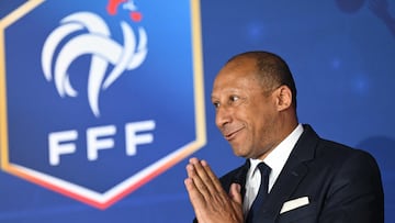 Philippe Diallo reacts after being elected as the new President of the French Football Federation during the Federal Assembly of the Federation in Paris on June 10, 2023. Members of the Executive Committee of the French Football Federation, the Executive Office of the Amateur Football League, Presidents of the Leagues, and Ligue 1 and Ligue 2 clubs and delegates are attending the meeting. (Photo by Bertrand GUAY / AFP)