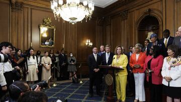 US House Speaker Nancy Pelosi speaks during a bill enrollment ceremony for H.R. 5376, also known as the Inflation Reduction Act.