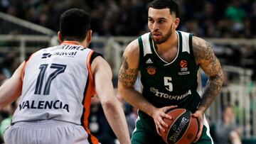 Athens (Greece), 30/03/2018.- Mike James of Panathinaikos in action with Rafa Martinez (L) of Valecncia during the Euroleague match between Panathinaikos and Valencia in Athens, Greece, 30 March 2018. (Euroliga, Baloncesto, Grecia, Atenas) EFE/EPA/Georgia