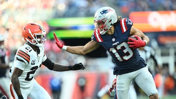 Oct 26, 2025; Foxborough, Massachusetts, USA; New England Patriots wide receiver Mack Hollins (13) runs with the ball against Cleveland Browns cornerback Denzel Ward (21) during the fourth quarter at Gillette Stadium. Mandatory Credit: Brian Fluharty-Imagn Images