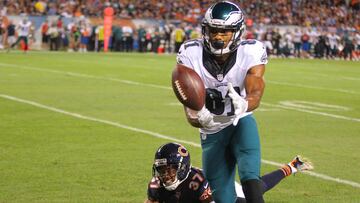 Sep 19, 2016; Chicago, IL, USA; Philadelphia Eagles wide receiver Jordan Matthews (81) reaches for a pass as Chicago Bears cornerback Bryce Callahan (37) defends during the second quarter at Soldier Field. Mandatory Credit: Dennis Wierzbicki-USA TODAY Sports