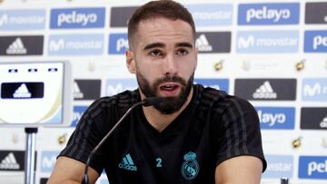 GRA078. MADRID, 15/08/2017.- El defensa del Real Madrid Daniel Carvajal, durante la rueda de prensa tras el entrenamietno del equipo en la Ciudad del Real Madrid, en Valdebebas, de cara al partido de vuelta de la Supercopa que disputará mañana frente al FC Barcelona. Carvajal, opinó sobre la sanción de cinco partidos recibida por el portugués Cristiano Ronaldo tras su expulsión y el empujón al colegiado en el Camp Nou, la calificó de "verdaderamente excesiva" y deseó que prospere el recurso presentado por el club. EFE/Javier López