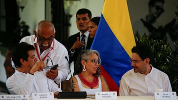 Colombia's High Commissioner for Peace Danilo Rueda, Venezuela's ambassador to Colombia Carlos Martinez Mendoza, and members of the Colombian Senate Maria Jose Pizarro and Ivan Cepeda attend the closing day of the fourth cycle of peace talks with Colombia's government, in Caracas, Venezuela September 4, 2023. REUTERS/Leonardo Fernandez Viloria